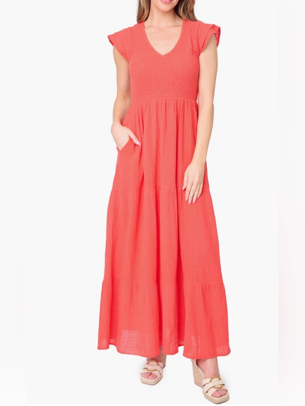GIBSONLOOK Flutter Sleeve Cotton Gauze Maxi Dress tangerine orange medium NWT